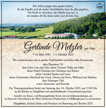 Traueranzeige von Gerlinde Metzler von Südthüringer Presse