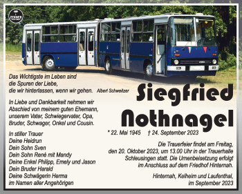 Traueranzeige von Siegfried Nothnagel von Südthüringer Presse