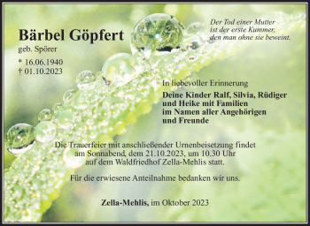 Traueranzeige von Bärbel Göpfert von Südthüringer Presse