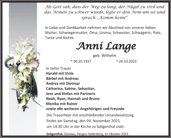Traueranzeige von Anni Lange von Südthüringer Presse