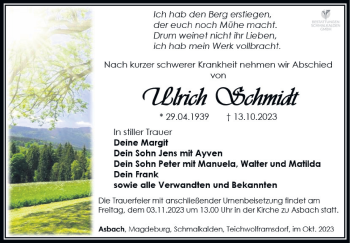 Traueranzeige von Ulirch Schmidt von Südthüringer Presse
