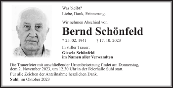 Traueranzeige von Bernd Schönfeld von Südthüringer Presse