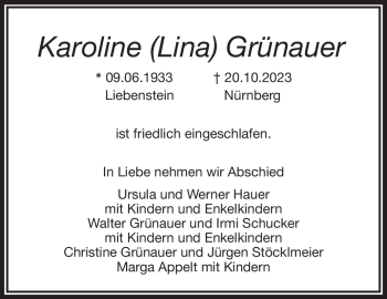 Traueranzeige von Karoline Grünauer von Frankenpost