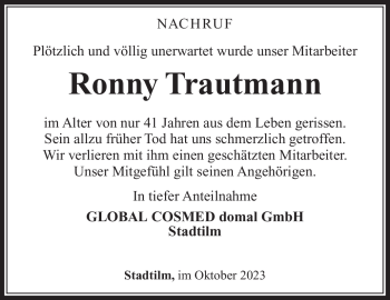 Traueranzeige von Ronny Trautmann von Südthüringer Presse