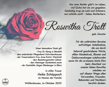 Traueranzeige von Roswitha Trott von Südthüringer Presse