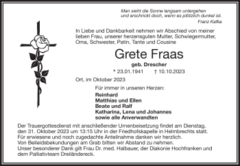 Traueranzeige von Grete Fraas von Frankenpost