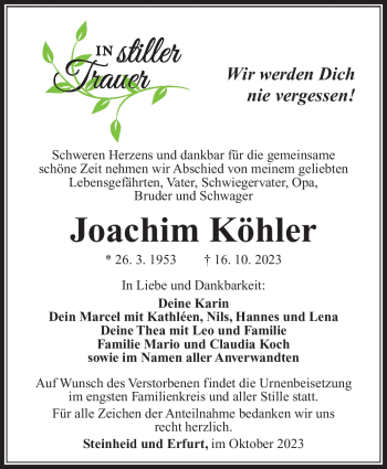 Traueranzeige von Joachim Köhler von Südthüringer Presse