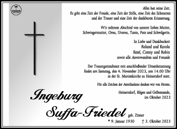 Traueranzeige von Ingeburg Suffa-Friedel von Südthüringer Presse