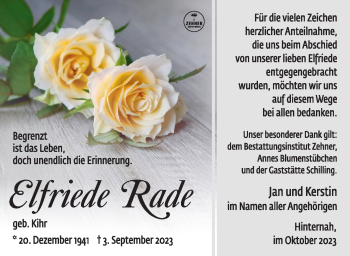 Traueranzeige von Elfriede Rade von Südthüringer Presse