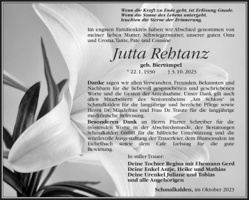 Traueranzeige von Jutta Rehtanz von Südthüringer Presse