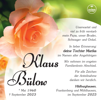 Traueranzeige von Klaus Bülow von Südthüringer Presse