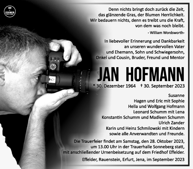  Traueranzeige für Jan Hofmann vom 21.10.2023 aus Südthüringer Presse