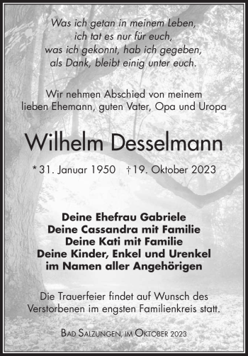 Traueranzeige von Wilhelm Desselmann von Südthüringer Presse