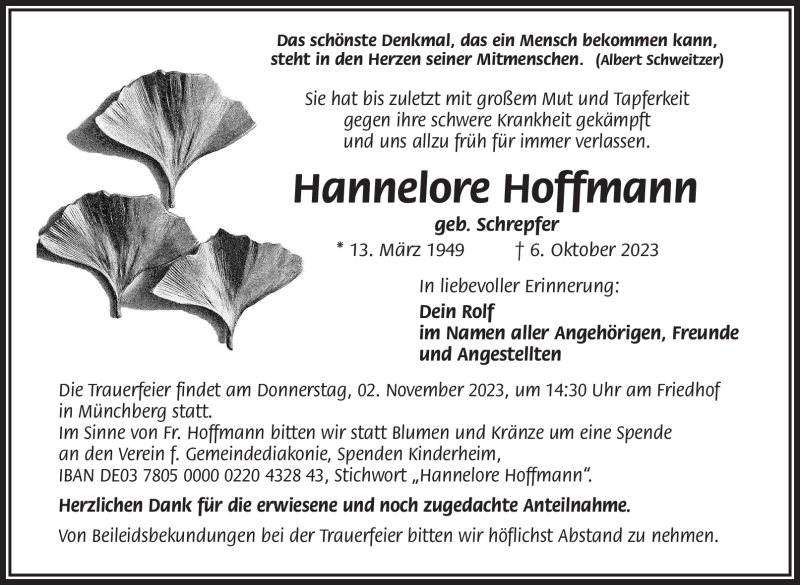  Traueranzeige für Hannelore Hoffmann vom 21.10.2023 aus Frankenpost
