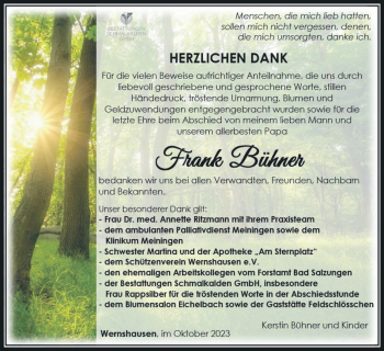 Traueranzeige von Frank Bühner von Südthüringer Presse
