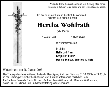 Traueranzeige von Hertha Wohlrath von Neue Presse Coburg