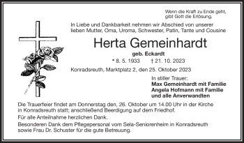 Traueranzeige von Herta Gemeinhart von Frankenpost