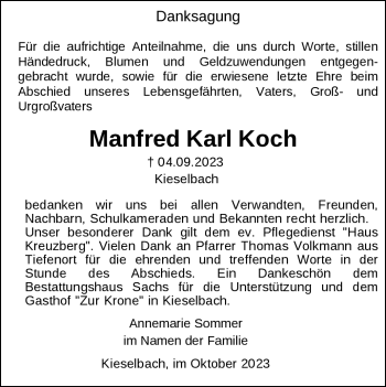Traueranzeige von Manfred Koch von Südthüringer Presse