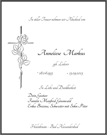Traueranzeige von Anneliese Markus von Frankenpost
