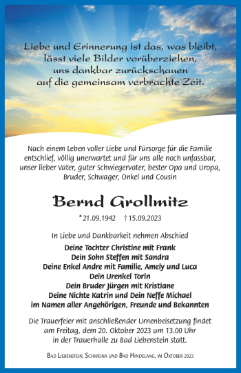 Traueranzeige von Bernd Grollmitz von Südthüringer Presse