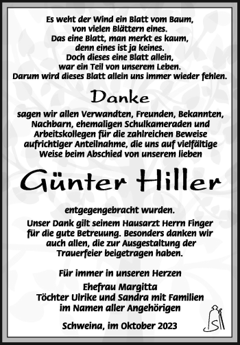Traueranzeige von Günter Hiller von Südthüringer Presse