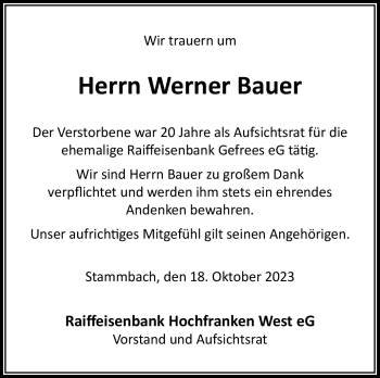 Traueranzeige von Werner Bauer von Frankenpost