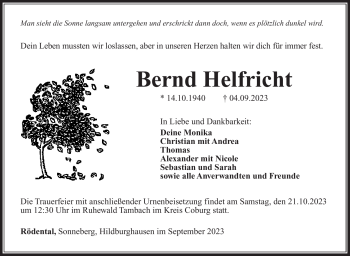 Traueranzeige von Bernd Helfricht von Südthüringer Presse