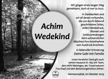 Traueranzeige von Achim Wedekind von Südthüringer Presse