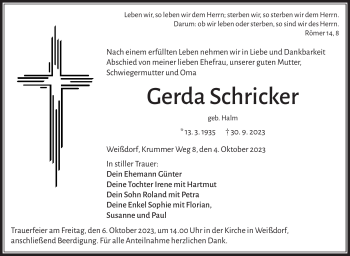 Traueranzeige von Gerda Schricker von Frankenpost