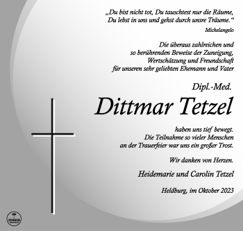 Traueranzeige von Dittmar Tetzel von Südthüringer Presse
