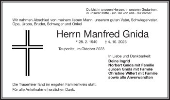 Traueranzeige von Manfred Gnida von Frankenpost
