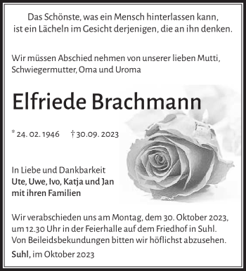 Traueranzeige von Elfriede Brachmann von Südthüringer Presse