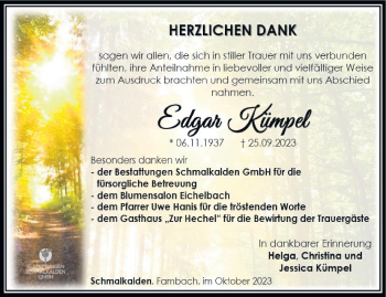 Traueranzeige von Edgar Kümpel von Südthüringer Presse