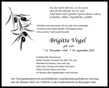 Traueranzeige von Brigitte Vogel von Südthüringer Presse
