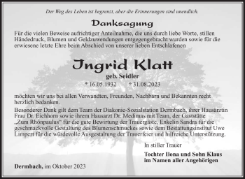 Traueranzeige von Ingrid Klatt von Südthüringer Presse