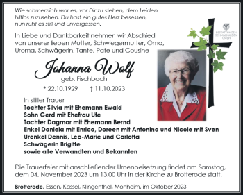 Traueranzeige von Johanna Wolf von Südthüringer Presse