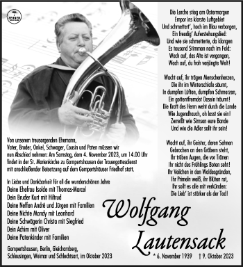 Traueranzeige von Wolfgang Lautensack von Südthüringer Presse