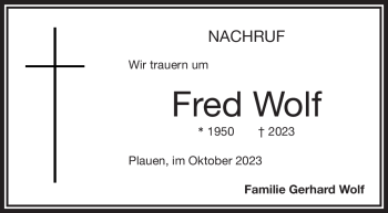 Traueranzeige von Fred Wolf von Frankenpost