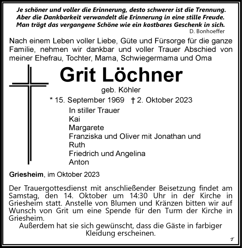 Traueranzeige für Grit Löchner vom 07.10.2023 aus Südthüringer Presse