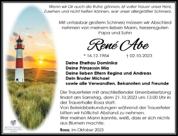 Traueranzeige von René Abe von Südthüringer Presse