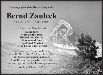 Traueranzeige von Bernd Zauleck von Südthüringer Presse