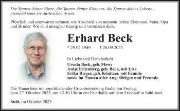 Traueranzeige von Erhard Beck von Südthüringer Presse