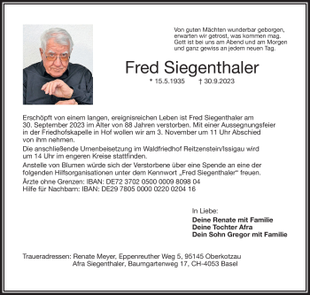 Traueranzeige von Fred Siegenthaler von Frankenpost