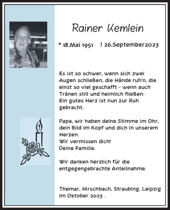 Traueranzeige von Rainer Kemlein von Südthüringer Presse