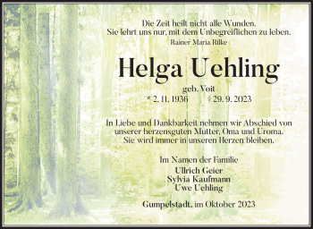 Traueranzeige von Helga Uehling von Südthüringer Presse