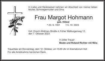 Traueranzeige von Margot Hohmann von Frankenpost
