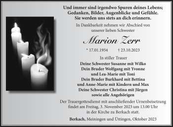 Traueranzeige von Marion Zerr von Südthüringer Presse