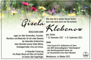 Traueranzeige von Gisela Klebenow von Südthüringer Presse