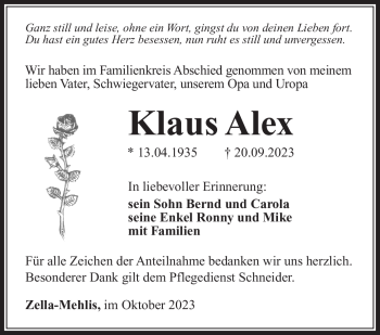 Traueranzeige von Klaus Alex von Südthüringer Presse