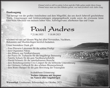 Traueranzeige von Paul Andres von Südthüringer Presse
